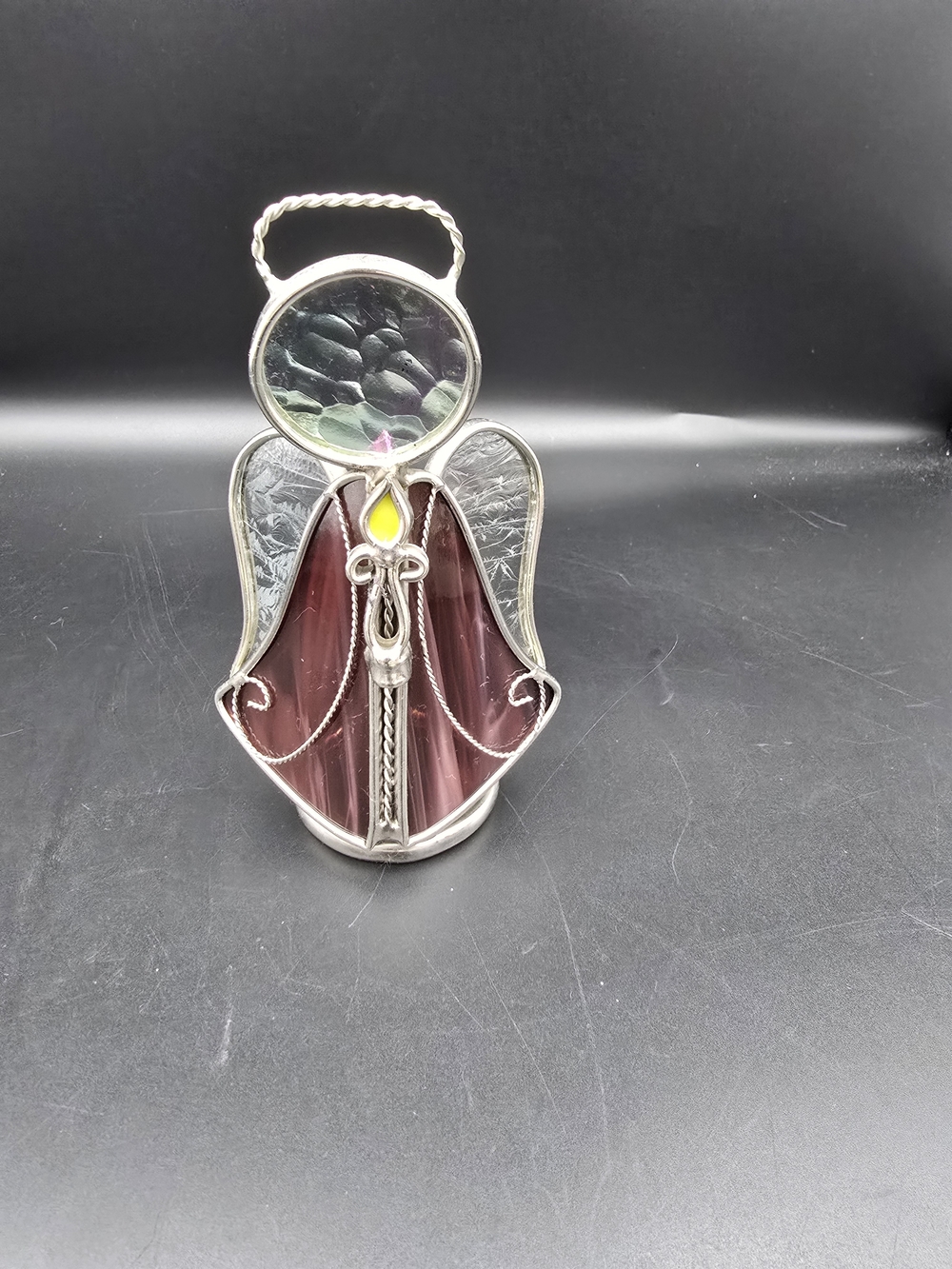 Stained Glass Angel Figurine in Deep Plum with Silver Accents